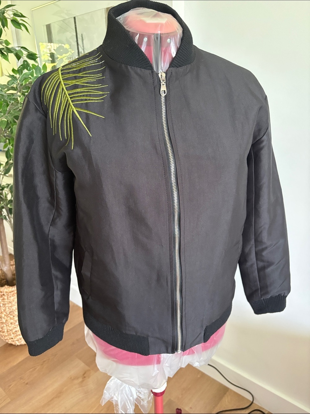 Embroidered Palm Black Bomber Jacket